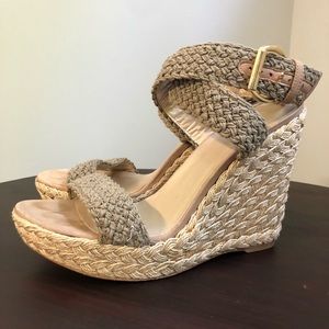 Stuart Weitzman taupe ankle strap wedge 11.5